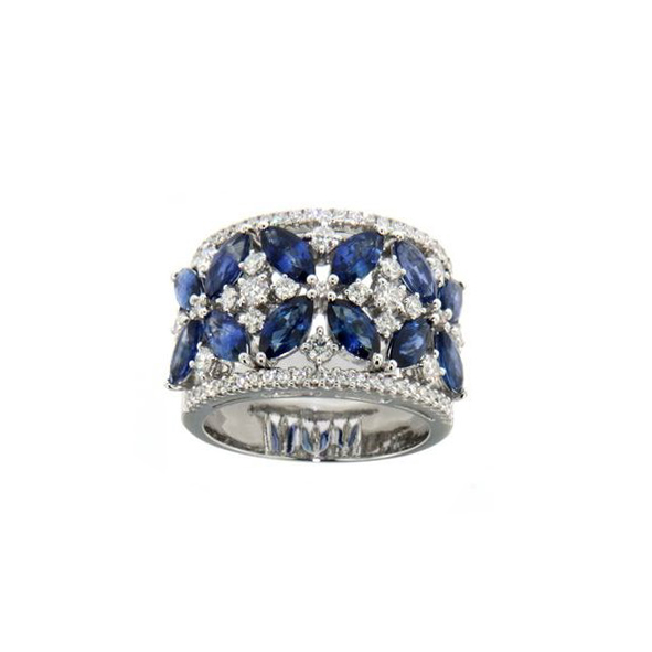 18k White Gold Wide Sapphire And Diamond Ring