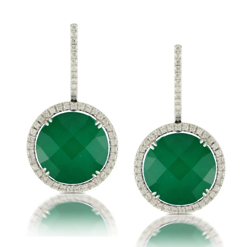 18K White Gold Diamond Earring With White Topaz Over Green Agate - E4524WGA